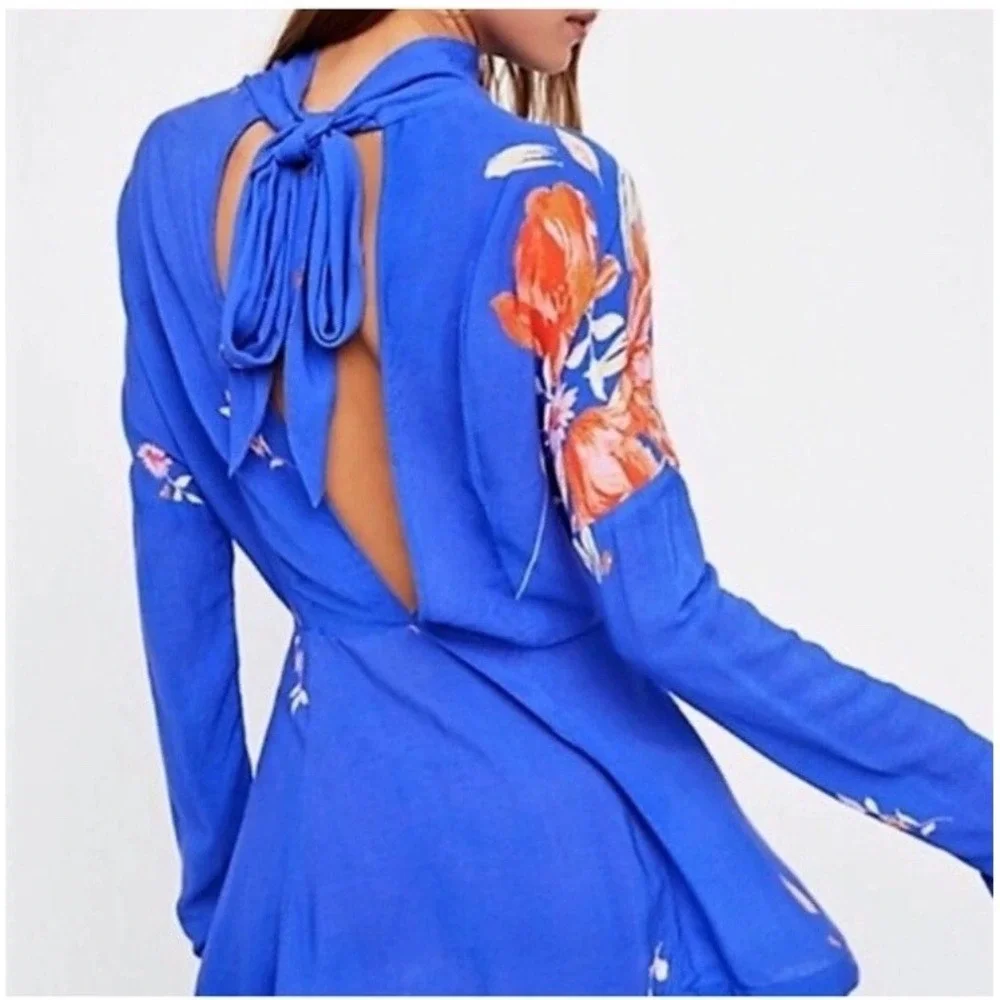Free People Gemma Blue Floral Choker‎ Neck Cut Out Back Tunic Mini Dress Medium
